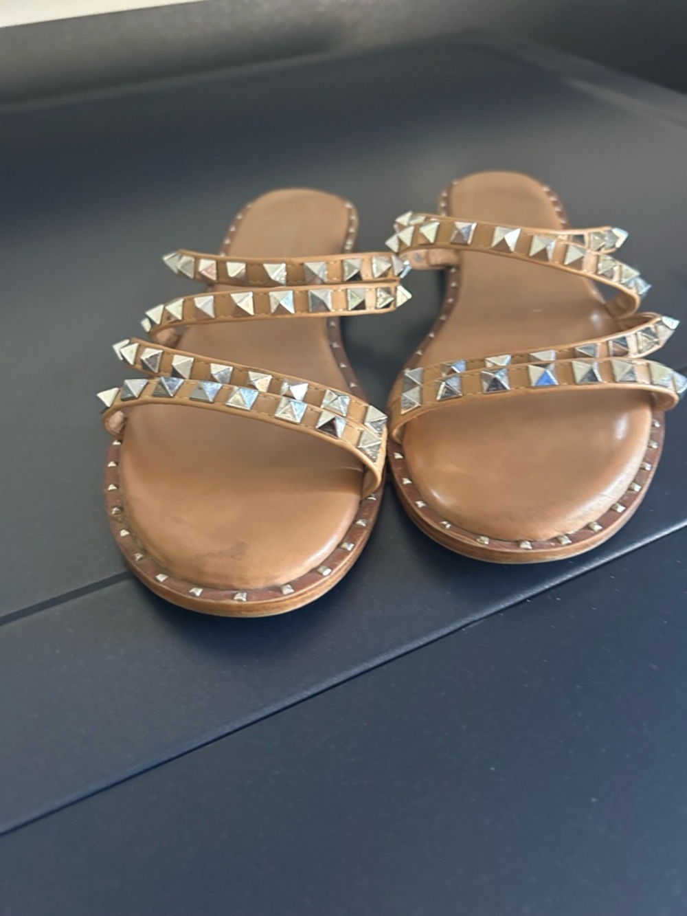Studded Triple-Strap Tan Leather Slide Sandals - Picture 3 of 5